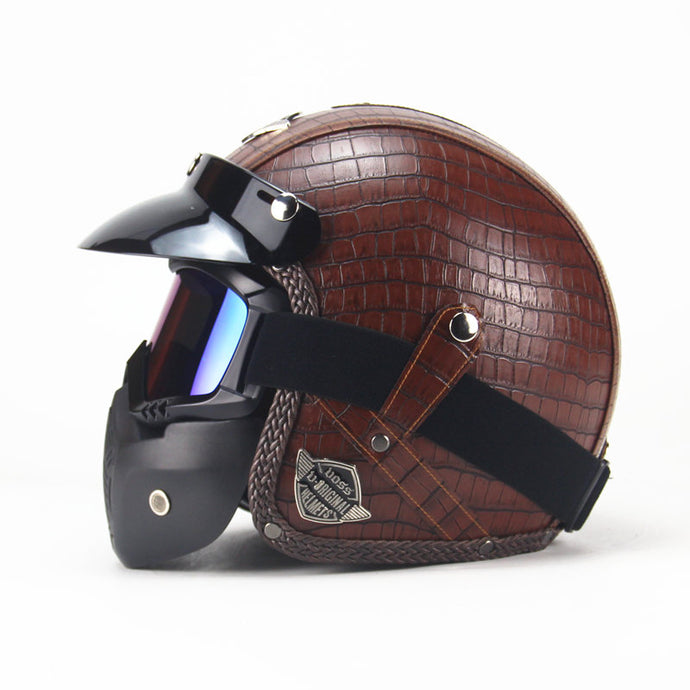 Leather Harley Helmets 3/4 Motorcycle Chopper Bike Helmet with Goggle Mask
